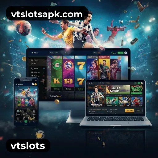 App vtslots para iOS e Android — interface mobile, login biométrico e PIX integrado
